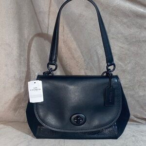 🆕 COACH Faye Black Refined Calf leather buffalo embossed leather & suede satchel